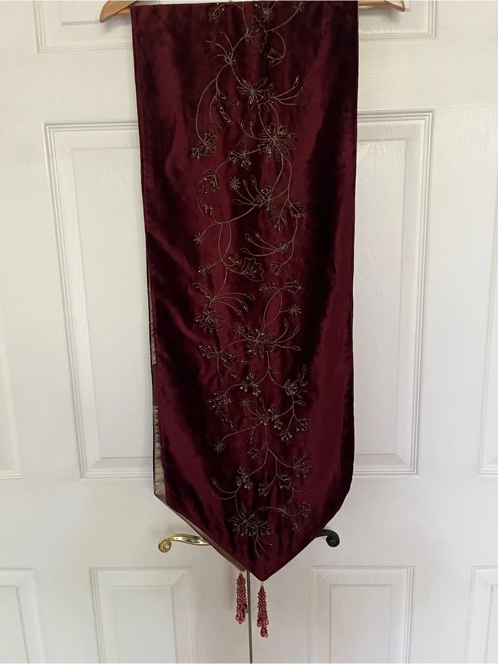 maroon velvet runner gold thread embroidery beads tassels 13” x 74”